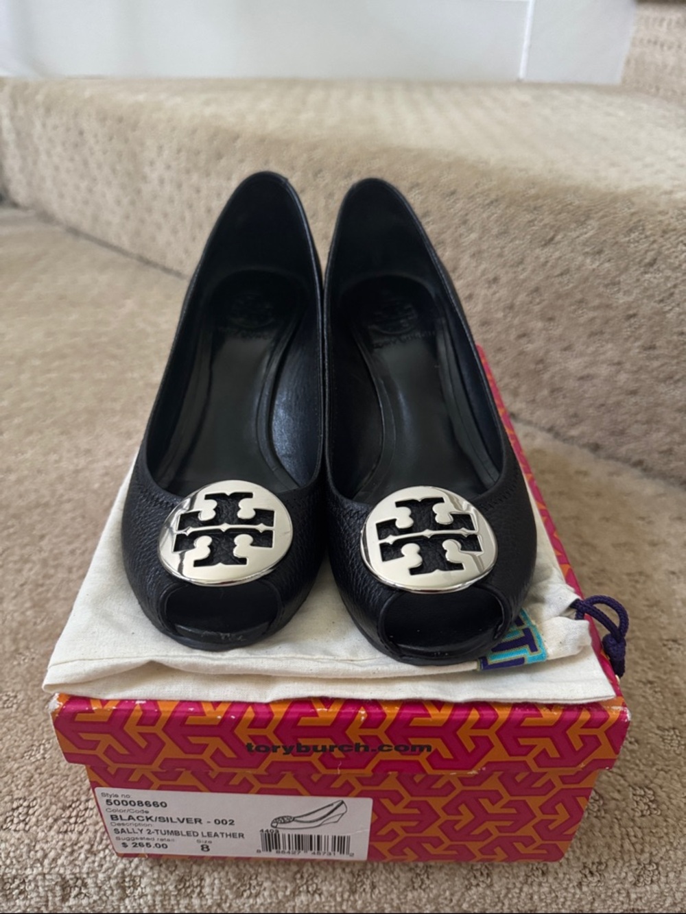 Tory Burch Black Peep-Toe Leather wedges with Silver Logo